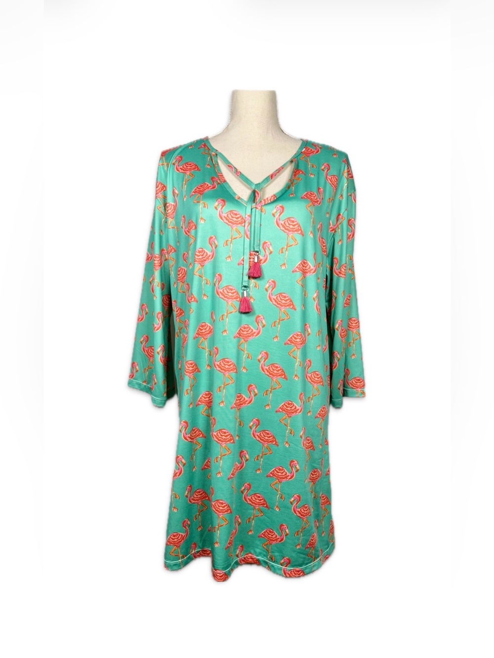 Viv & Lou Flamingo Print Swimsuit Coverup Teal Coral Tassel Tie L/XL